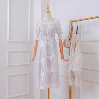 Set: Butterfly Elbow-sleeve Midi A-line Dress + Slipdress