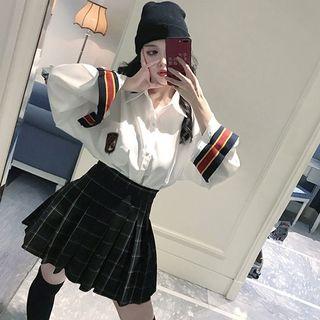 Color-block Loose-fit Shirt / Plaid Pleated Skirt