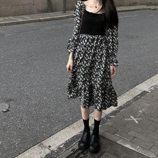 Long-sleeve Square-neck Panel Chiffon Floral Printed Dress Black - One Size