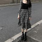 Long-sleeve Square-neck Panel Chiffon Floral Printed Dress Black - One Size