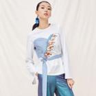 Long-sleeve Embroidered Striped Panel Top