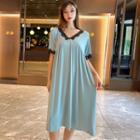Short Sleeve V-neck Lace Trim Sleep Dress
