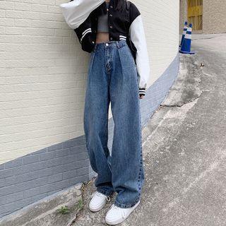High-waist Ruched Straight-leg Jeans
