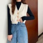 Cropped Button-up Sweater Vest / Long-sleeve Plain T-shirt