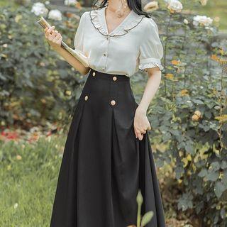 Puff-sleeve Ruffled Shirt / Midi A-line Skirt / Set