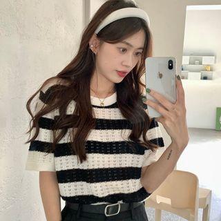 Elbow-sleeve Striped Knit Top Stripes - Black & White - One Size