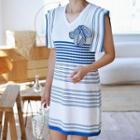 Stripe Pointelle-knit Dress With Brooch Blue - One Size