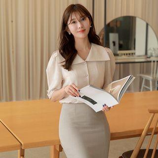Wide-collar Pleated-shoulder Blouse