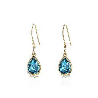 925 Sterling Silver Plated Gold Elegant Fashion Water Drop Earrings With Blue Austrian Element Crystal Golden - One Size