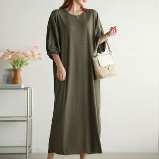 Balloon-sleeve Ribbed Midi Dress