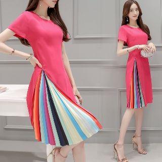 Short-sleeve Paneled Pleated Dress