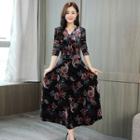 Floral Velvet Elbow-sleeve A-line Midi Dress