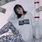 Long-sleeve Banknote Print T-shirt Gray - One Size