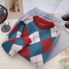 Long-sleeve Argyle Sweater Red - One Size