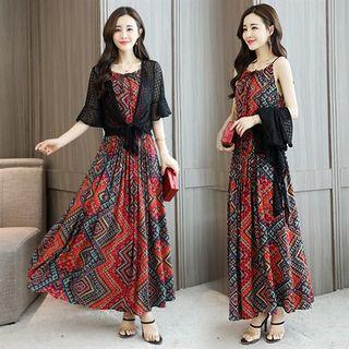 Set: Printed Spaghetti Strap Maxi Dress + Lace Cropped Lace-up Jacket