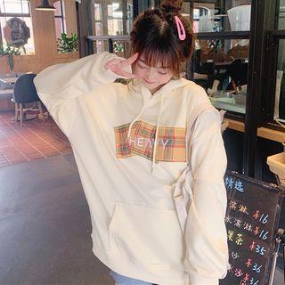 Plaid Panel Letter Embroidered Hoodie