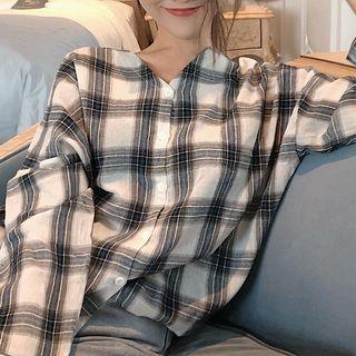 V-neck Plaid Shirt Plaid - Blue & White - One Size