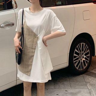 Set: Short-sleeve T-shirt + Plaid Sleeveless Dress