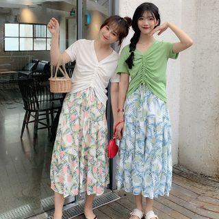 Short-sleeve Drawstring Top / Midi Lemon Print A-line Skirt