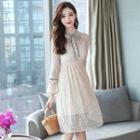 Long-sleeve Stand Collar A-line Lace Dress