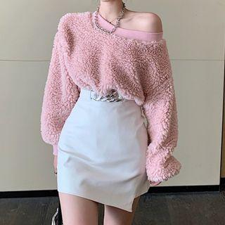 Set: Fleece Plain Top + Faux-leather Skirt