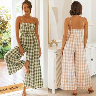 Spaghetti Strap Gingham Wide Leg Jumpsuit