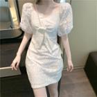 Puff-sleeve Bow-front Lace Mini Sheath Dress
