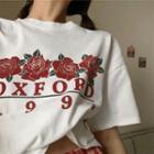 Floral Print Lettering Short-sleeve T-shirt White - One Size