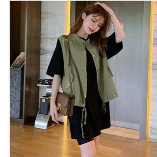 Single Breasted Vest / Elbow-sleeve T-shirt Dress
