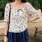 Bow-detail Short-sleeve Rose Print Blouse Blue - One Size