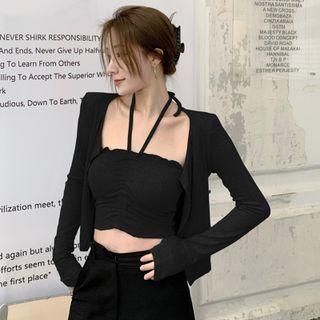 Set: Tie-accent Crop Tube Top / Light Cardigan
