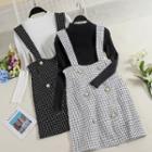 Long-sleeve Knit Top / Plaid Suspender Skirt