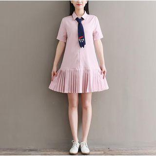 Embroidered Necktie Short-sleeve A-line Shirt Dress