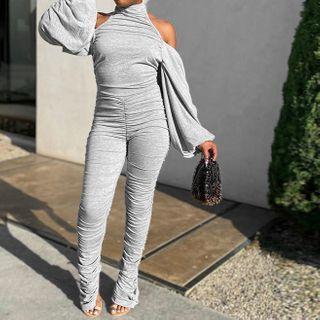 Long-sleeve Crinkled Jumpsuit