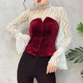 Set: Long-sleeve Lace Top + Strapless Velvet Top