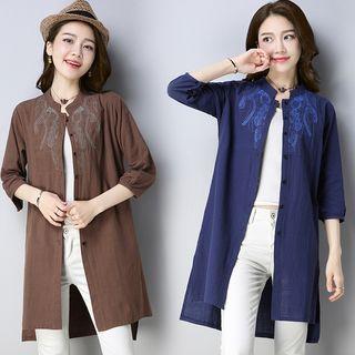 3/4-sleeve Floral Embroidery Long Shirt