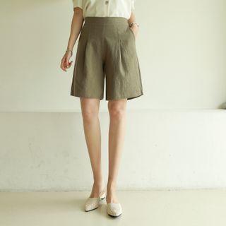Pintuck Wide-leg Linen Shorts