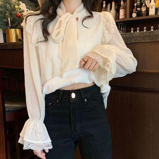 Bell-sleeve Ribbon Tie-neck Lace Trim Blouse White - One Size