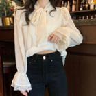Bell-sleeve Ribbon Tie-neck Lace Trim Blouse White - One Size