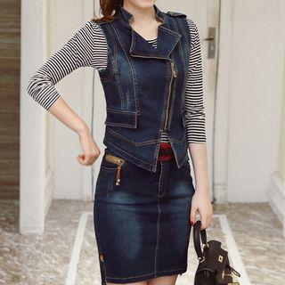 Set: Long-sleeve T-shirt + Denim Vest + Denim Skirt