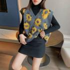 Flower Print Sweater Vest / Ribbed Knit Turtleneck Sweater / Mini Pencil Skirt