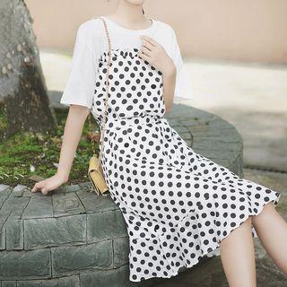 Mock Two-piece Elbow-sleeve Frill Trim Polka Dot Paneled Chiffon Dress