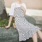 Mock Two-piece Elbow-sleeve Frill Trim Polka Dot Paneled Chiffon Dress