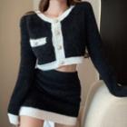 Set: Contrast Trim Cardigan + Mini Pencil Skirt Set Of 2 - Cardigan & Skirt - Black - One Size