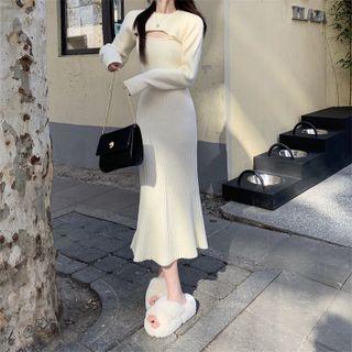 Spaghetti Strap Ribbed Midi Knit Dress / Crop Sweater