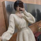 Long-sleeve V-neck Mini Knit Sweater Dress Dress - Off-white - One Size