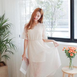 Set: Short-sleeve Laced Dress + Slipdress