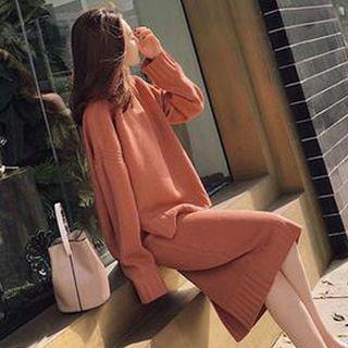 Set: Plain Side-slit Sweater + Knit Midi Straight-fit Skirt