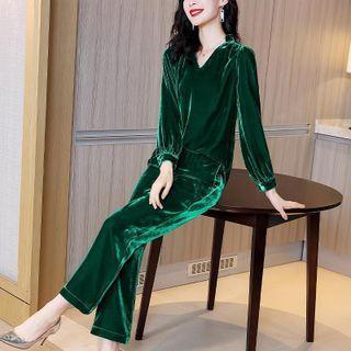 Set: Long-sleeve V-neck Velvet Top + Straight Leg Pants