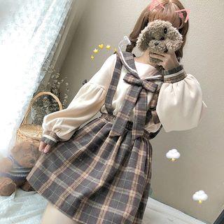 Plaid Collar Balloon-sleeve Pullover / Jumper Skirt / Jumper Pants